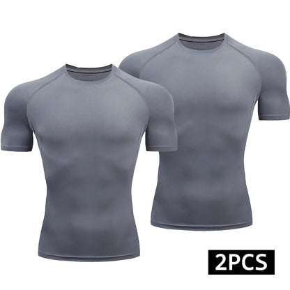 2-Piece Compression T Shirt Men Summer Sportswear Running T-Shirt Elastic Quick Dry Sport Tops Athletic Gym Workout Shirts Men