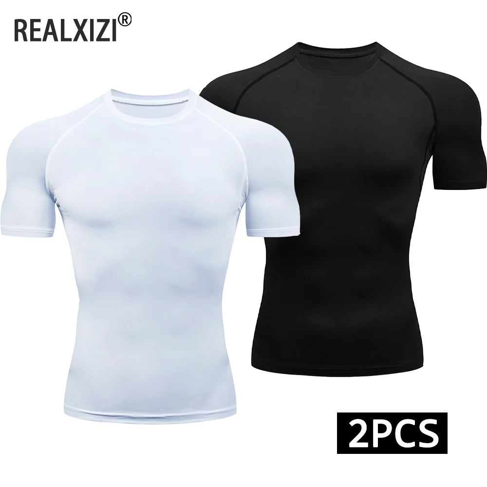 2-Piece Compression T Shirt Men Summer Sportswear Running T-Shirt Elastic Quick Dry Sport Tops Athletic Gym Workout Shirts Men