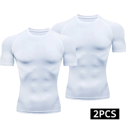 2-Piece Compression T Shirt Men Summer Sportswear Running T-Shirt Elastic Quick Dry Sport Tops Athletic Gym Workout Shirts Men