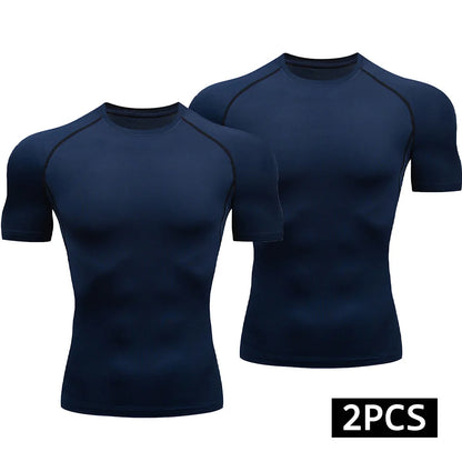2-Piece Compression T Shirt Men Summer Sportswear Running T-Shirt Elastic Quick Dry Sport Tops Athletic Gym Workout Shirts Men
