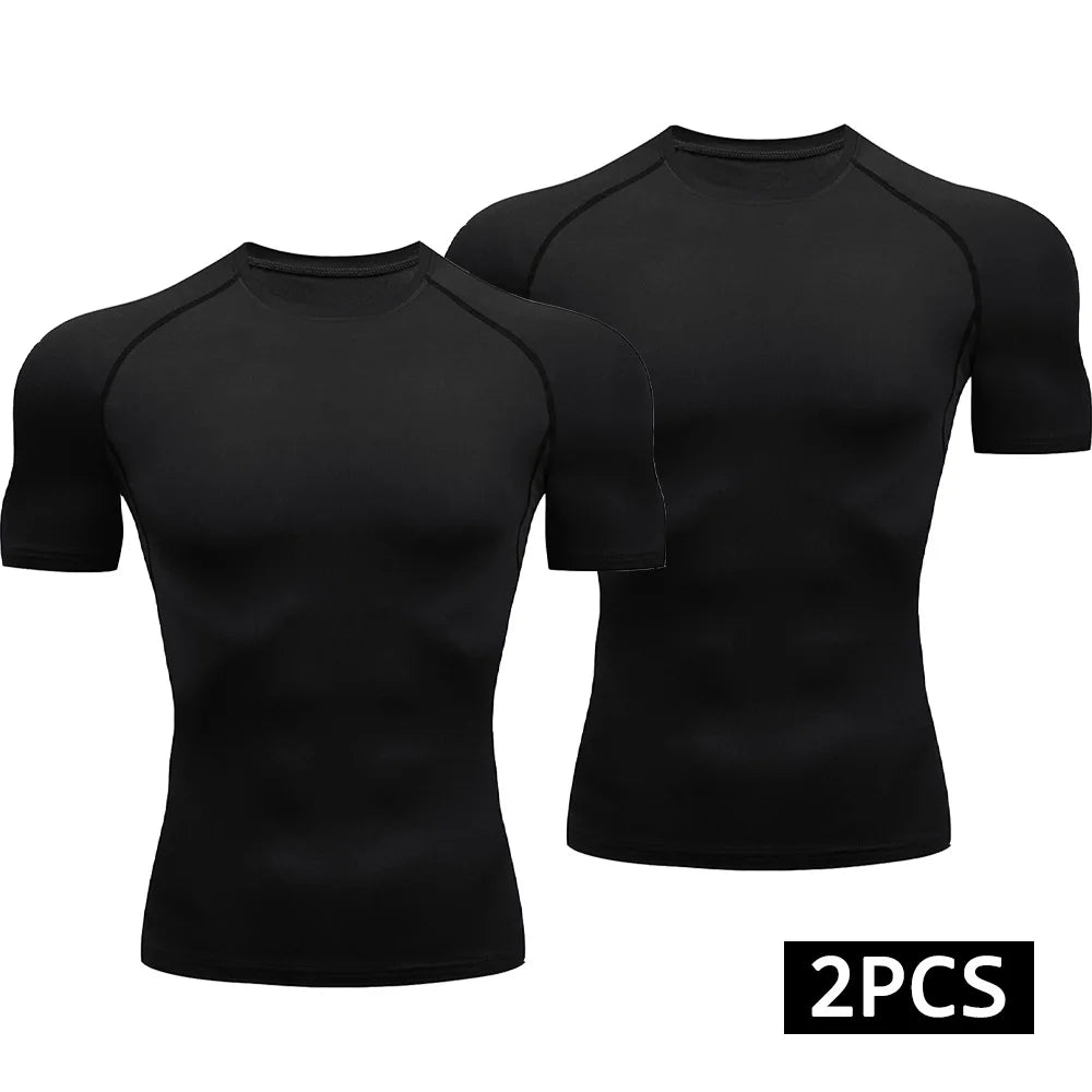 2-Piece Compression T Shirt Men Summer Sportswear Running T-Shirt Elastic Quick Dry Sport Tops Athletic Gym Workout Shirts Men