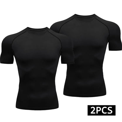 2-Piece Compression T Shirt Men Summer Sportswear Running T-Shirt Elastic Quick Dry Sport Tops Athletic Gym Workout Shirts Men